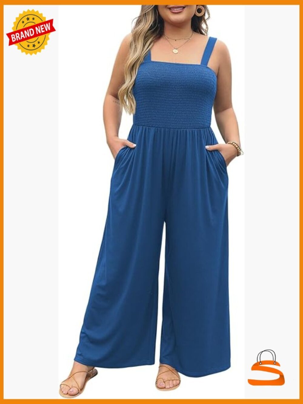 Plus Size Jumpsuit Spaghetti Strap Wide Leg Pockets Stretchy Romper